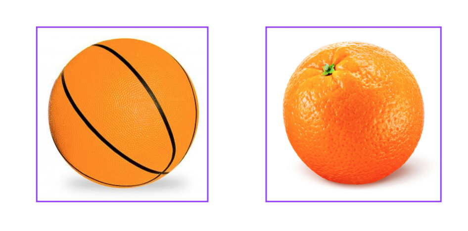 A basketball (left) and an orange (right) that are nearest neighbors in pixel space; these images have very similar colors and round shapes in the same x-y area.